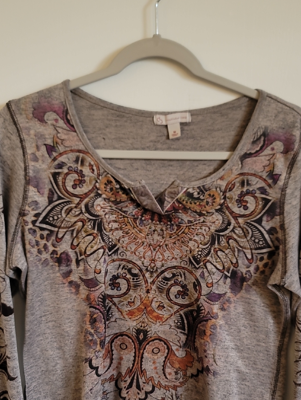 Christopher & Banks Gray Long Sleeve Top with Boho Multicolor Scroll Motif